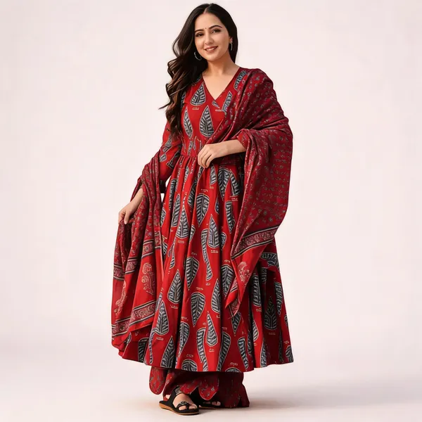 Red_Printed_Kurta_Set_For_Women