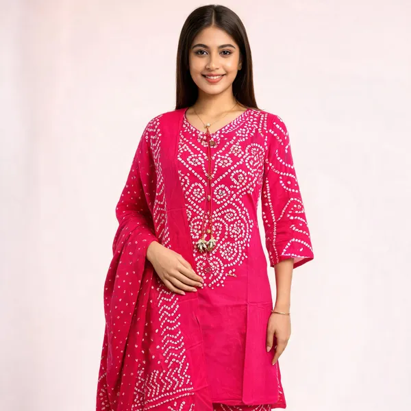 Pink_Bandhani_Print_Kurta_Set_For_Women