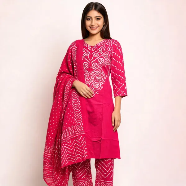 Pink_Bandhani_Print_Kurta_Set_For_Women