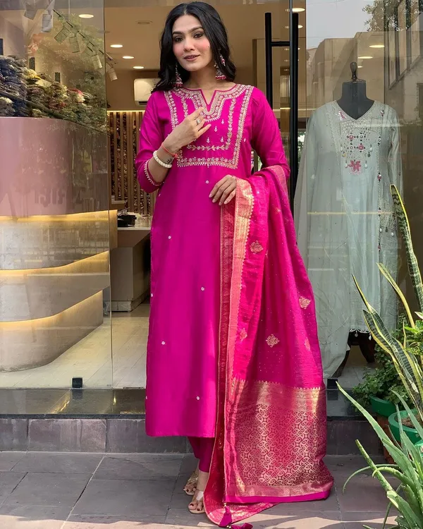 Rani_pink_banarsi_cotton_silk_Kurta_Pent_Dupatta_set