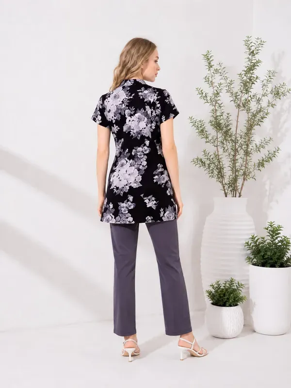 Women_S_Black_Floral_Printed_Kurti_Night_Suit_With_Slate_Grey_Pajama