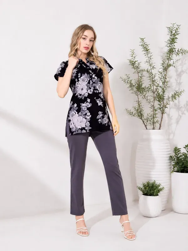 Women_S_Black_Floral_Printed_Kurti_Night_Suit_With_Slate_Grey_Pajama
