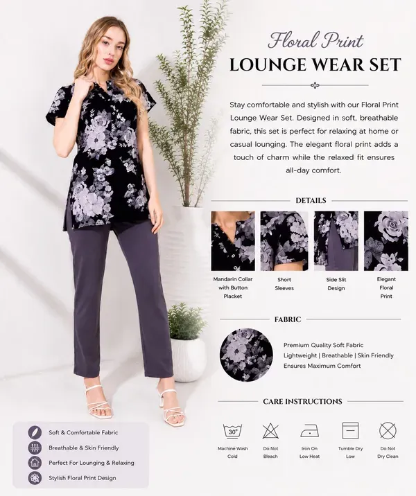 Women_S_Black_Floral_Printed_Kurti_Night_Suit_With_Slate_Grey_Pajama