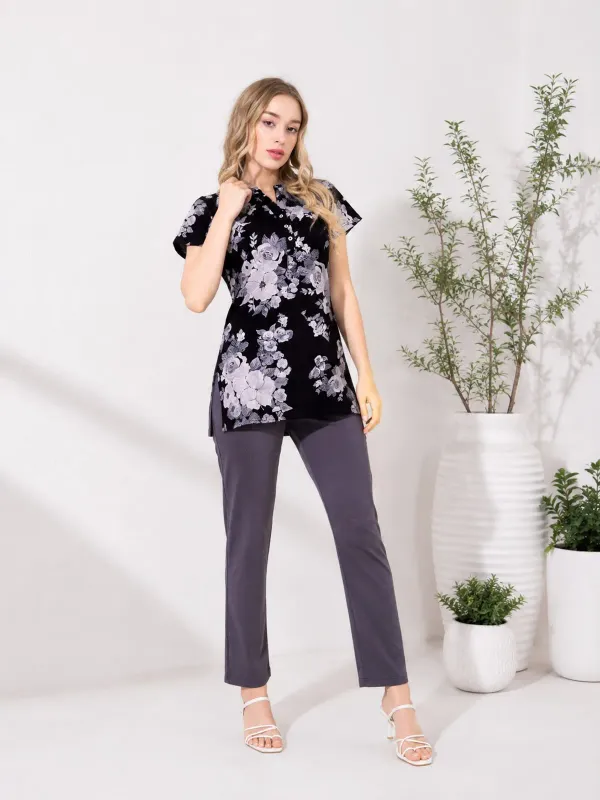 Women_S_Black_Floral_Printed_Kurti_Night_Suit_With_Slate_Grey_Pajama
