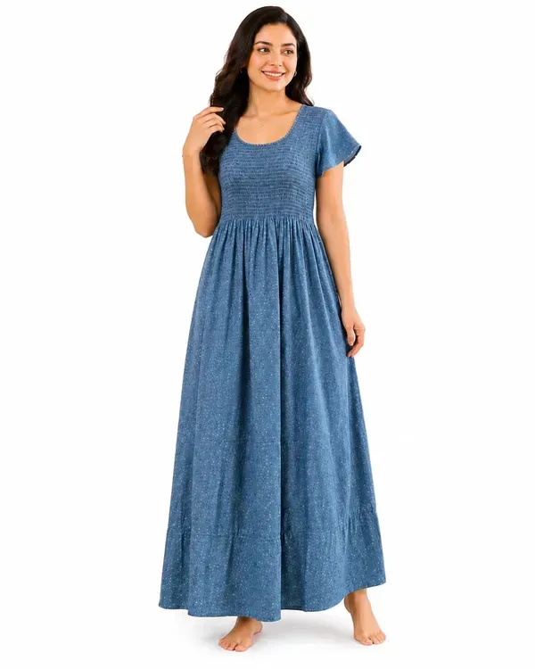 Women_S_Printed_Maxi_Nighty_For_Women_Short_Sleeve_Smocked_Waist_Full_Lengt_More