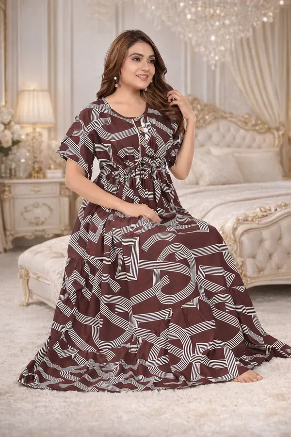 Brown_Geometric_Rayon_Frock_Nighty_Soft_Comfortable_Flared_Sleepwear_For_Wo_More