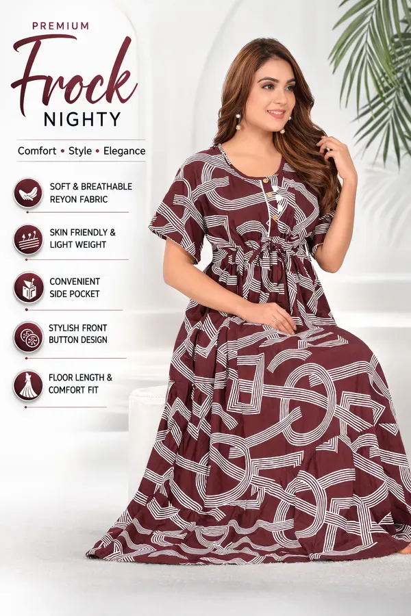 Brown_Geometric_Rayon_Frock_Nighty_Soft_Comfortable_Flared_Sleepwear_For_Wo_More