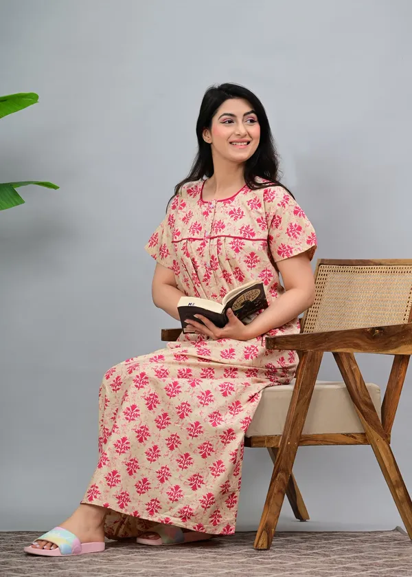 Beige_And_Pink_Cotton_Relaxed_Fit_Floral_Print_Nightdress_For_Women