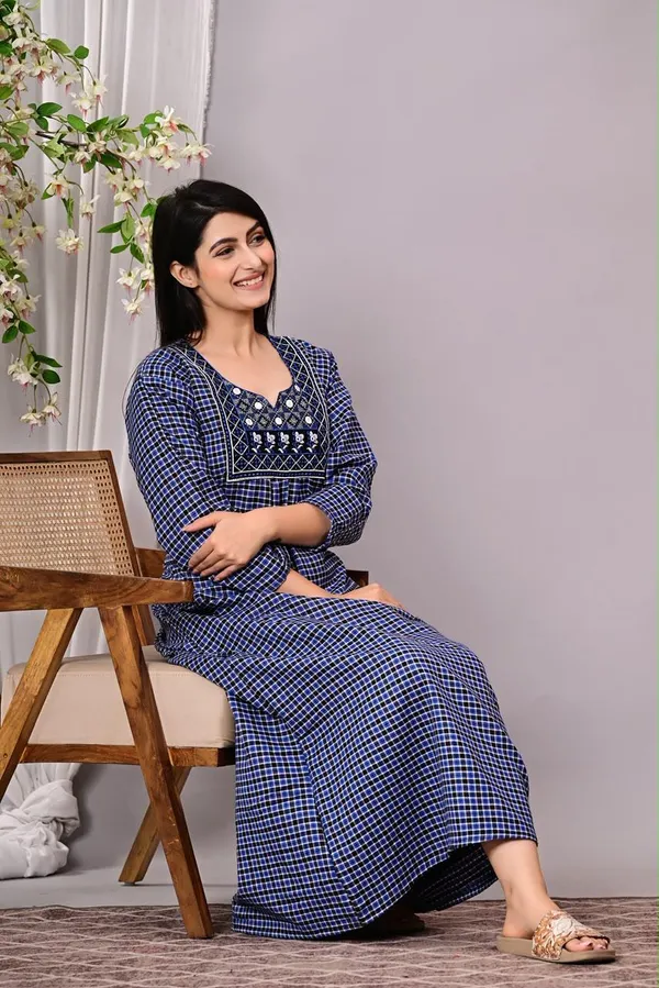 Blue_Cotswool_A-Line_Checked_Embroidered_Nightdress_For_Women