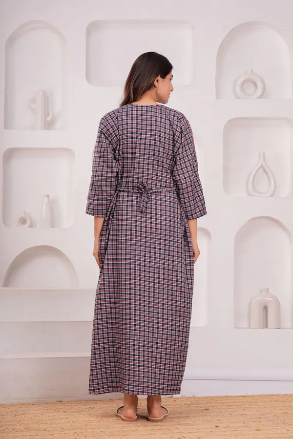 Maroon_And_Blue_Cotswool_Relaxed_Fit_Checkered_Nightdress_For_Women