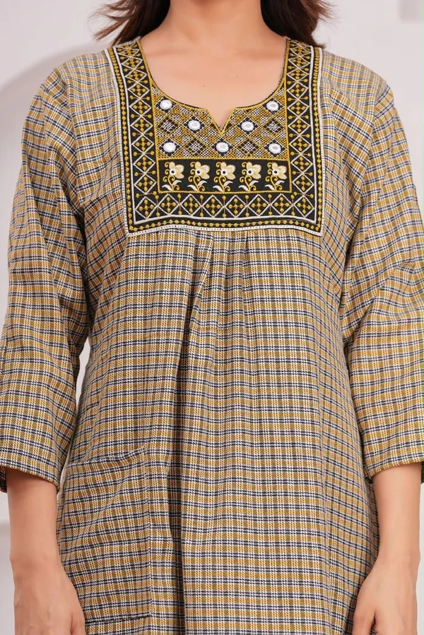 Beige_Cotswool_Relaxed_Fit_Checked_Embroidered_Nightdress_For_Women