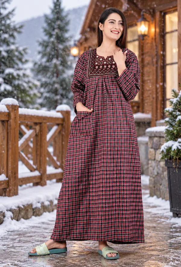 Maroon_Cotswool_Relaxed_Fit_Checked_Nightdress_For_Women