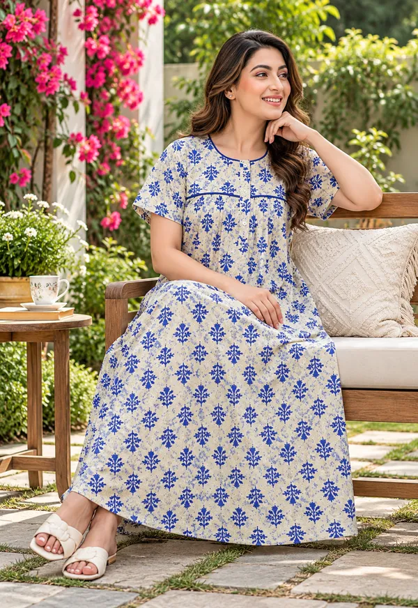 Beige_And_Blue_Cotton_Relaxed_Fit_Floral_Print_Nightdress_For_Women