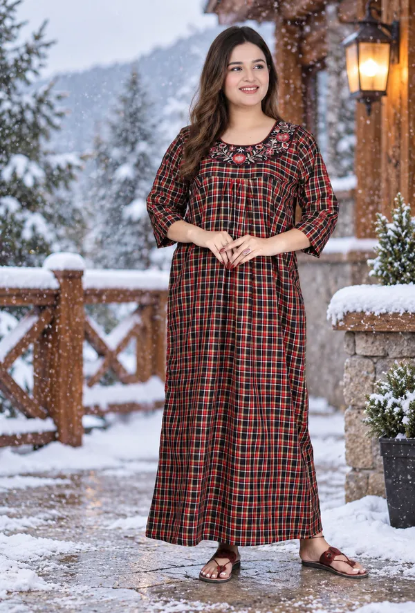 Maroon_Cotswool_Relaxed_Fit_Checkered_Nightdress_For_Women
