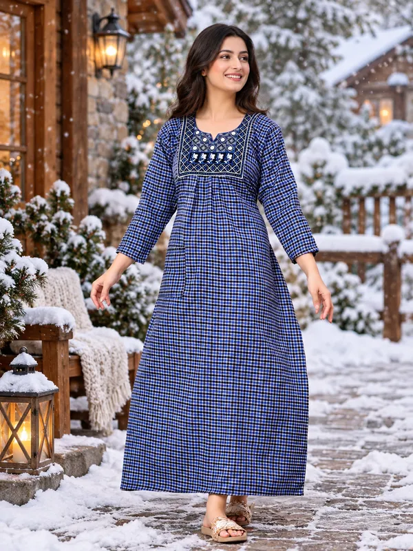Blue_Cotswool_A-Line_Checked_Embroidered_Nightdress_For_Women