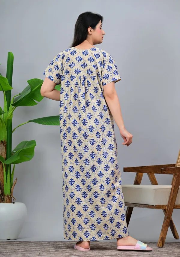 Beige_And_Blue_Cotton_Relaxed_Fit_Floral_Print_Nightdress_For_Women