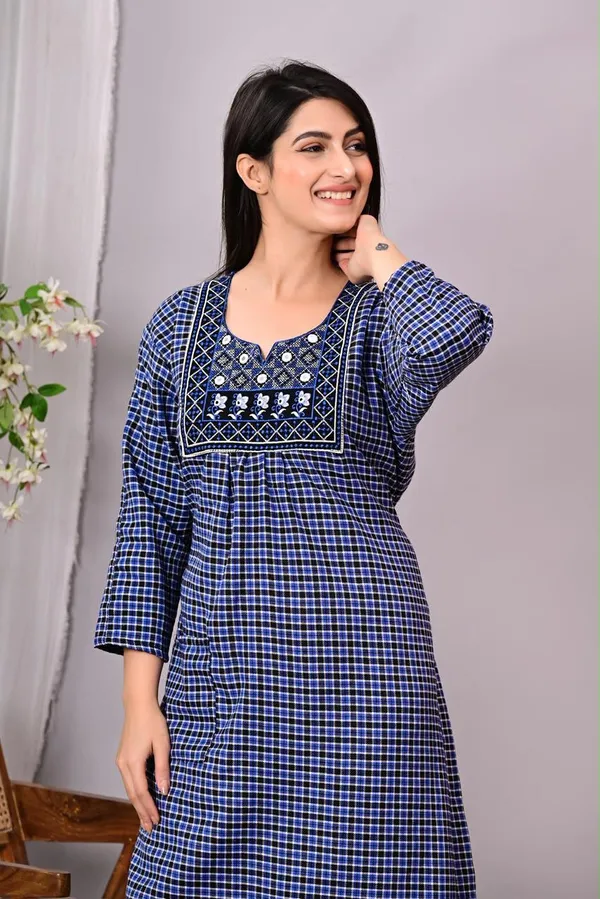 Blue_Cotswool_A-Line_Checked_Embroidered_Nightdress_For_Women