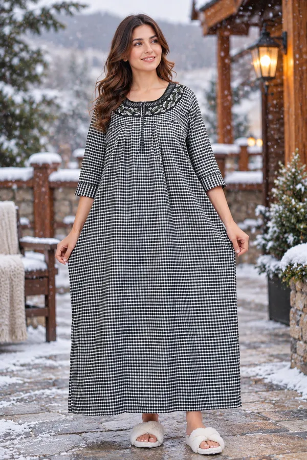 Black_Cotswool_A-Line_Checked_Nightdress_For_Women
