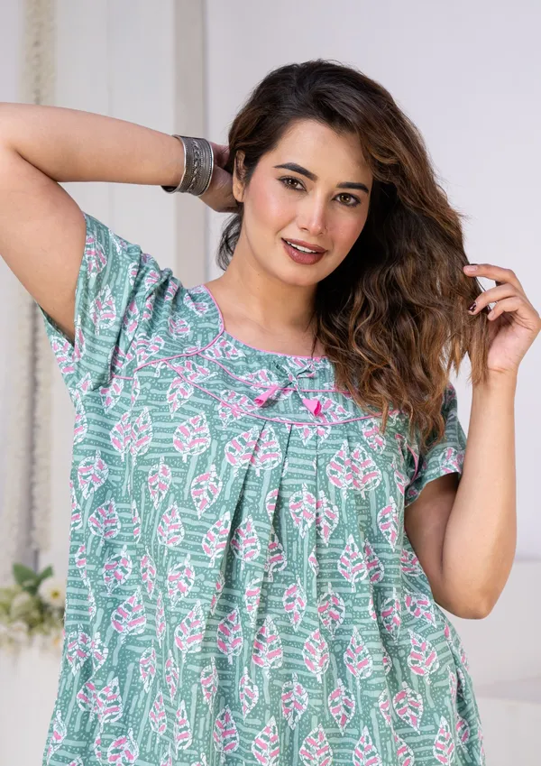 Teal_Cotton_Relaxed_Fit_Floral_Print_Nightdress_For_Women