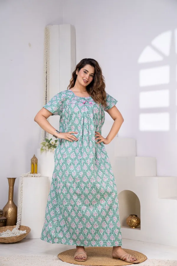 Teal_Cotton_Relaxed_Fit_Floral_Print_Nightdress_For_Women