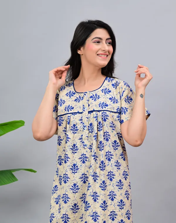 Beige_And_Blue_Cotton_Relaxed_Fit_Floral_Print_Nightdress_For_Women