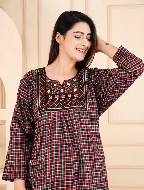 Maroon_Cotswool_Relaxed_Fit_Checked_Nightdress_For_Women