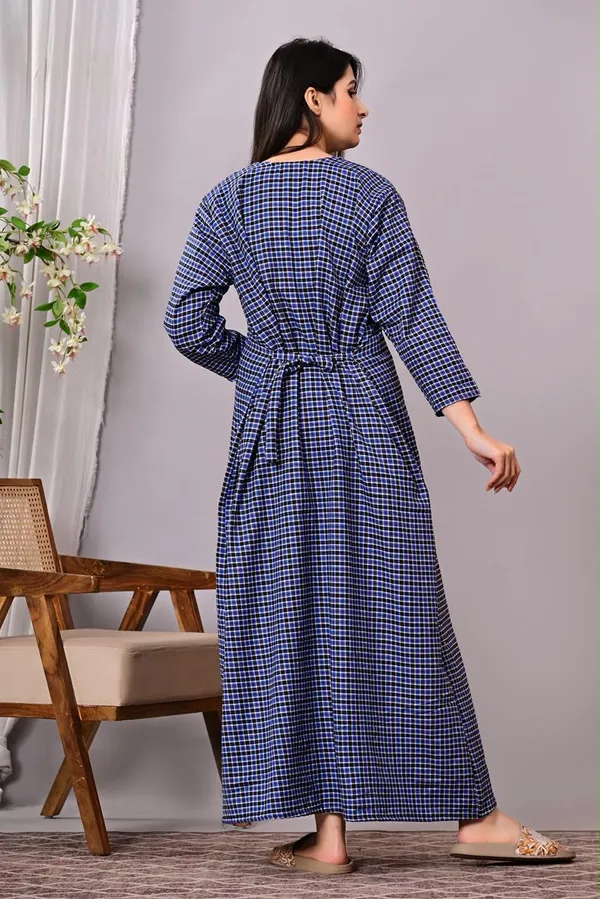 Blue_Cotswool_A-Line_Checked_Embroidered_Nightdress_For_Women