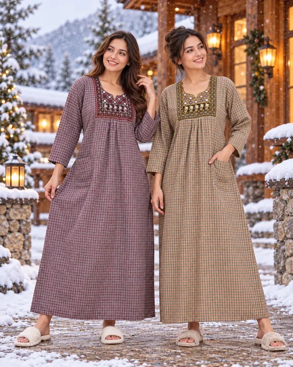 Maya_Print_Combo_of_2_Woolen_Winter_Nighties_for_Women_with_Pocket,_Check_Print_&_Embroidered_Design