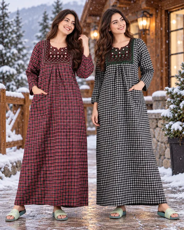 Maya_Print_Combo_of_2_Woolen_Winter_Nighties_for_Women_with_Pocket,_Check_Print_&_Embroidered_Design