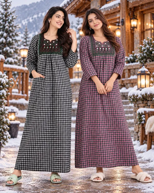 Maya_Print_Combo_of_2_Woolen_Winter_Nighties_for_Women_with_Pocket,_Check_Print_&_Embroidered_Design