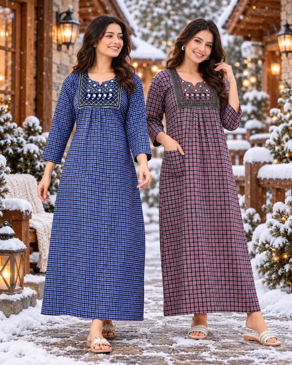 Maya_Print_Combo_of_2_Woolen_Winter_Nighties_for_Women_with_Pocket,_Check_Print_&_Embroidered_Design