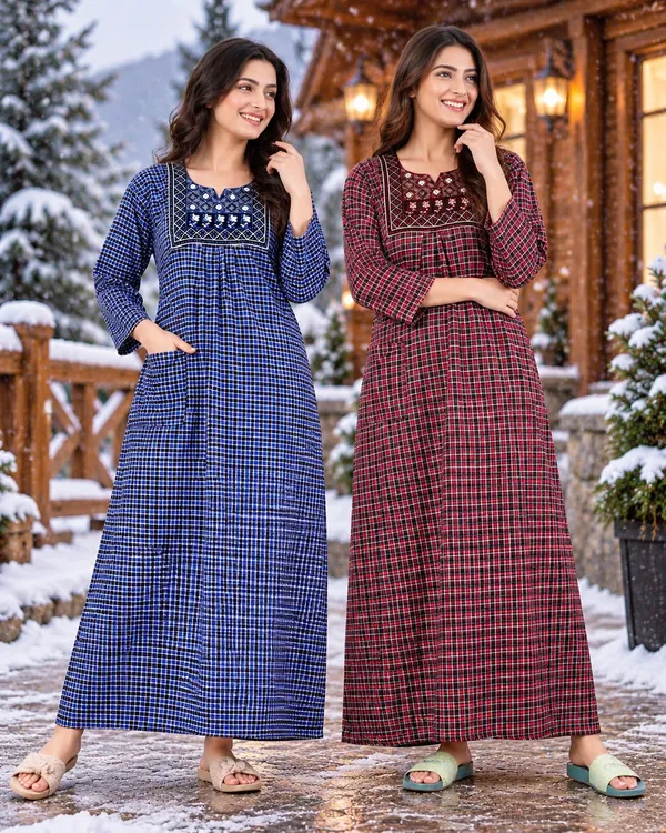 Maya_Print_Combo_of_2_Woolen_Winter_Nighties_for_Women_with_Pocket,_Check_Print_&_Embroidered_Design