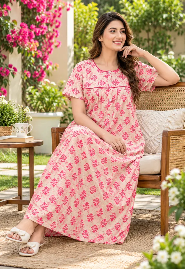 Beige_And_Pink_Cotton_Relaxed_Fit_Floral_Print_Nightdress_For_Women