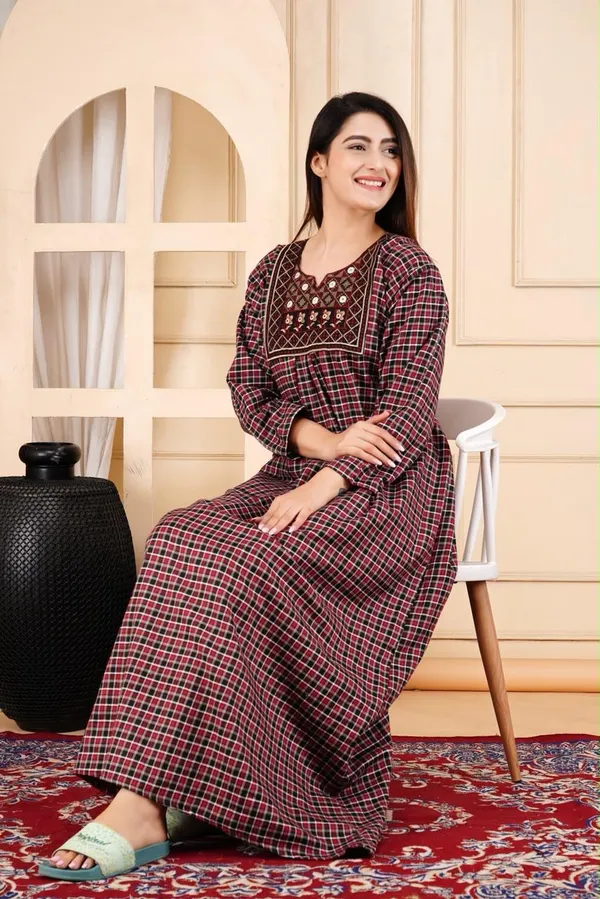 Maroon_Cotswool_Relaxed_Fit_Checked_Nightdress_For_Women