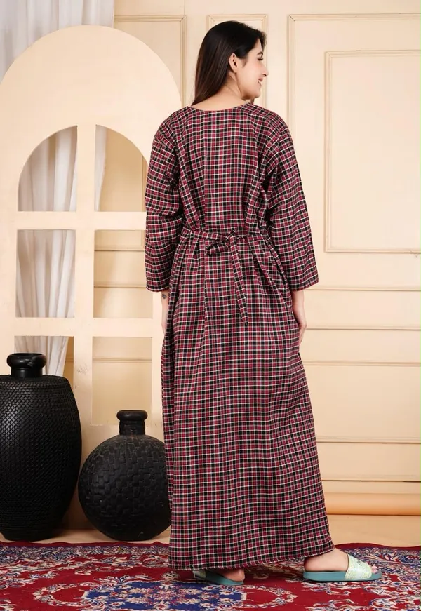 Maroon_Cotswool_Relaxed_Fit_Checked_Nightdress_For_Women