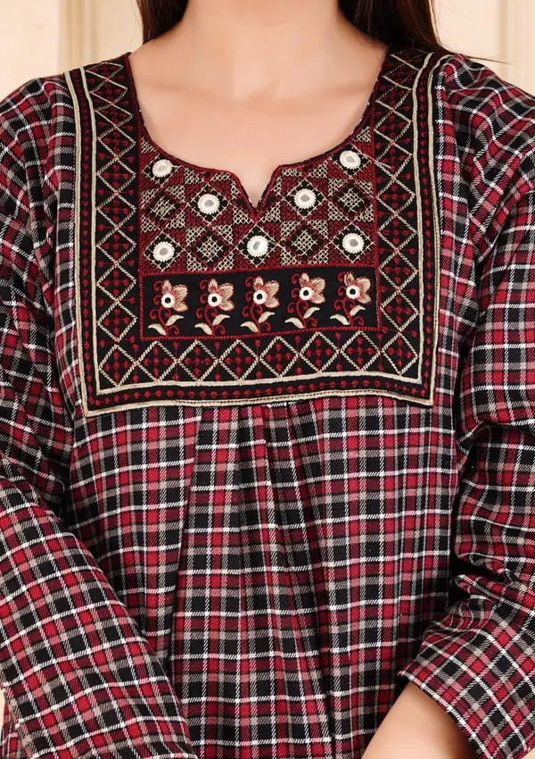 Maroon_Cotswool_Relaxed_Fit_Checked_Nightdress_For_Women