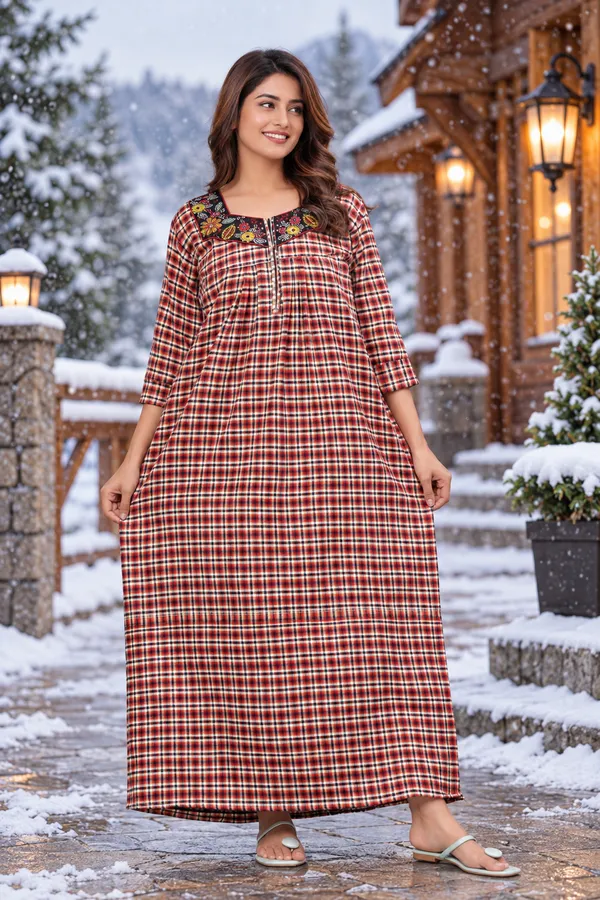 Red_Cotswool_Relaxed_Fit_Embroidered_Nightdress_For_Women