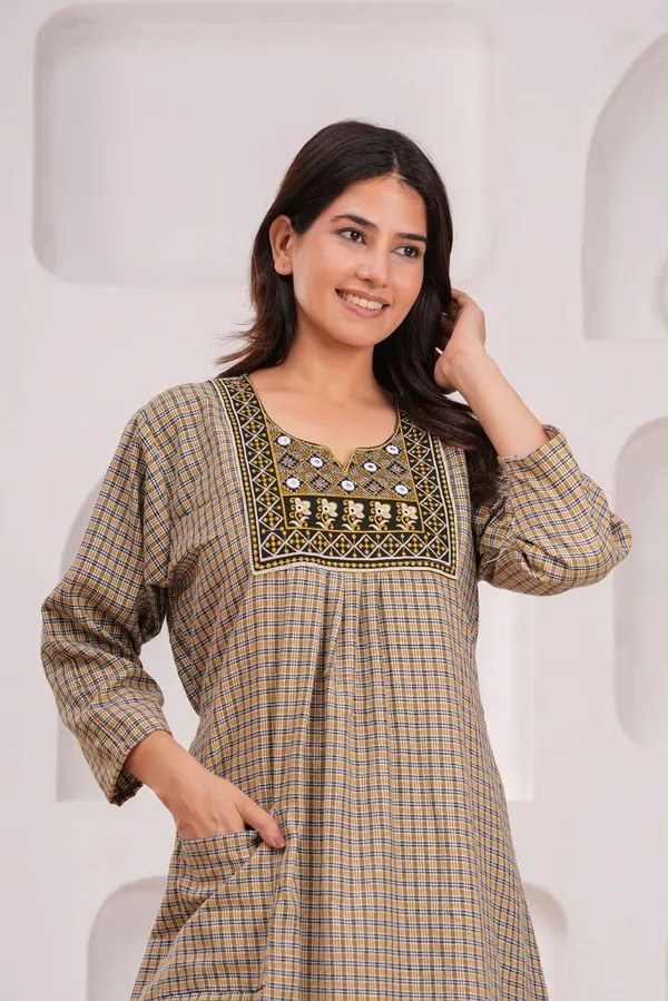Beige_Cotswool_Relaxed_Fit_Checked_Embroidered_Nightdress_For_Women