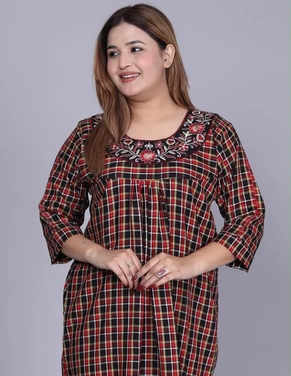 Maroon_Cotswool_Relaxed_Fit_Checkered_Nightdress_For_Women