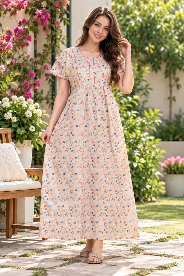 Beige_Cotton_Floral_Print_A-Line_Nightdress_For_Women