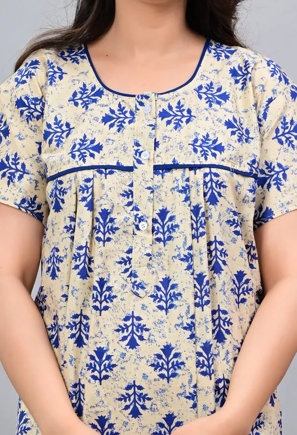 Beige_And_Blue_Cotton_Relaxed_Fit_Floral_Print_Nightdress_For_Women