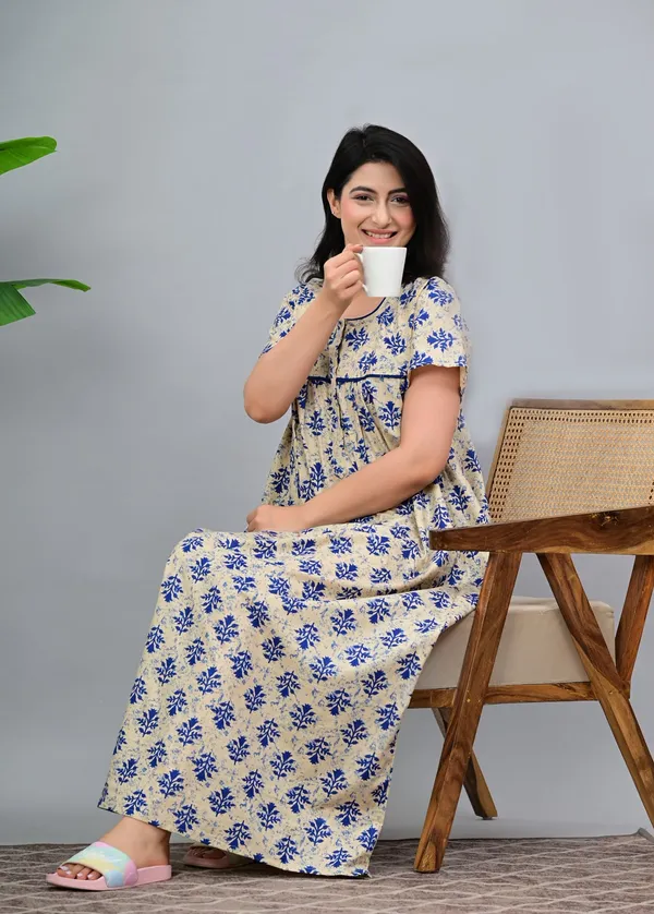 Beige_And_Blue_Cotton_Relaxed_Fit_Floral_Print_Nightdress_For_Women