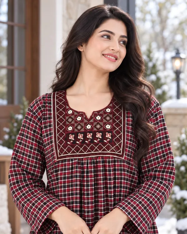 Maya_Print_Combo_of_2_Woolen_Winter_Nighties_for_Women_with_Pocket,_Check_Print_&_Embroidered_Design