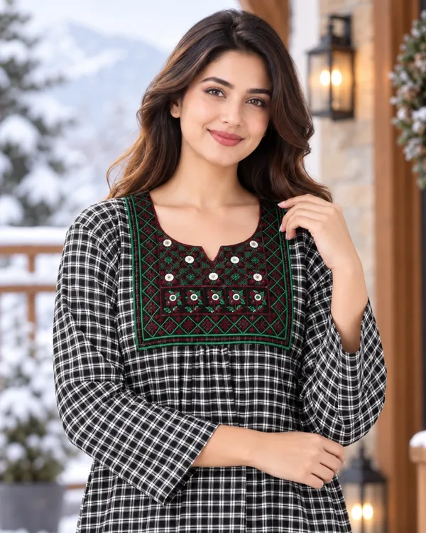 Maya_Print_Combo_of_2_Woolen_Winter_Nighties_for_Women_with_Pocket,_Check_Print_&_Embroidered_Design