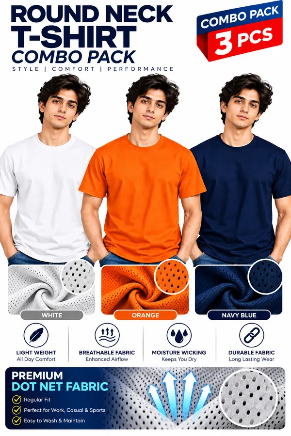 White_Orange_Navy_Blue_Dot_Net_Regular_Fit_T-Shirts_for_Men