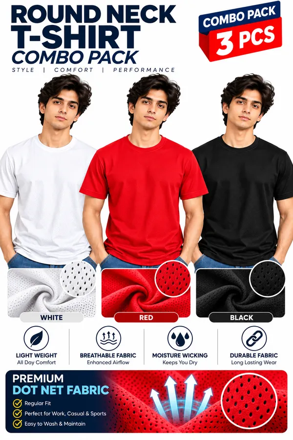 White_Red_Black_Dot_Net_Regular_Fit_Round_Neck_T-Shirts_Combo_for_Men
