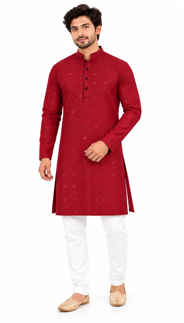 Red_Textured_Regular_Fit_Kurta_for_Men