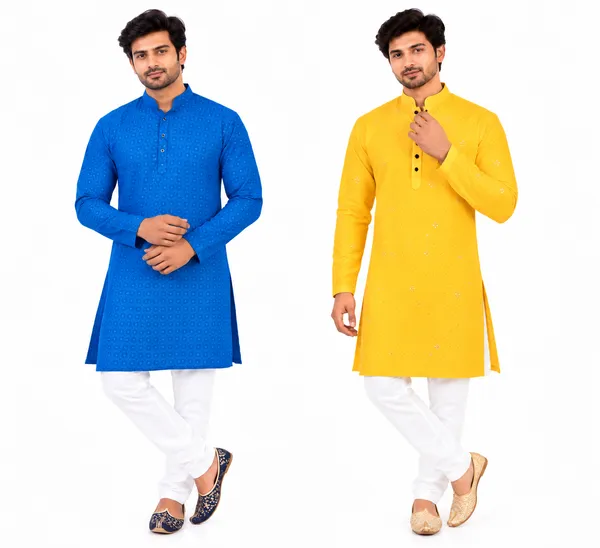 Blue_And_Yellow_Straight_Kurta_Set_For_Men