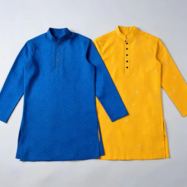 Blue_And_Yellow_Straight_Kurta_Set_For_Men