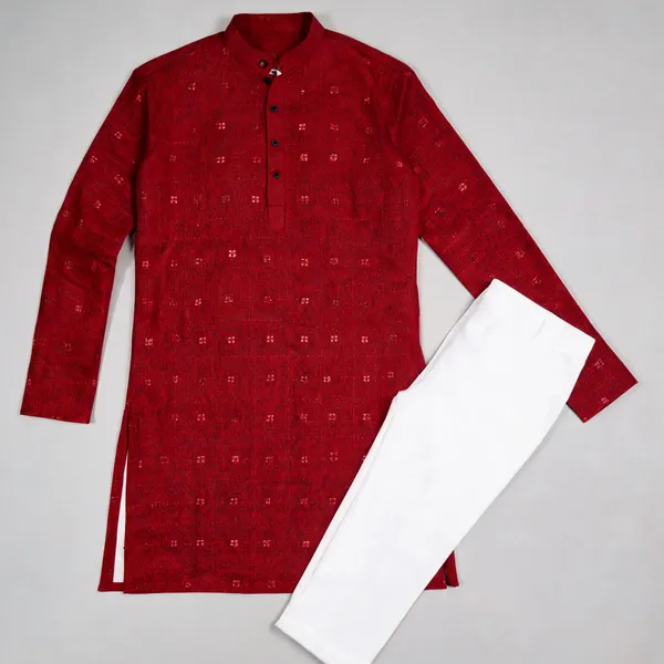 White_And_Red_Straight_Fit_Kurta_Set_For_Men